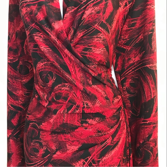 Norma Kamali red & black feather print faux wrap ls jersey dress size L in EUC - Picture 7 of 15